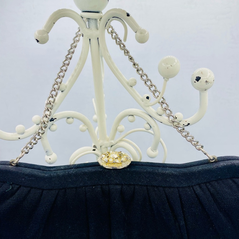 Vintage Elegant Black Fabric Clutch With Silver Tone Chain With Jeweled Clasp - Picture 2 of 12
